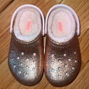 Gold glittery fleece lined Crocs size 11c